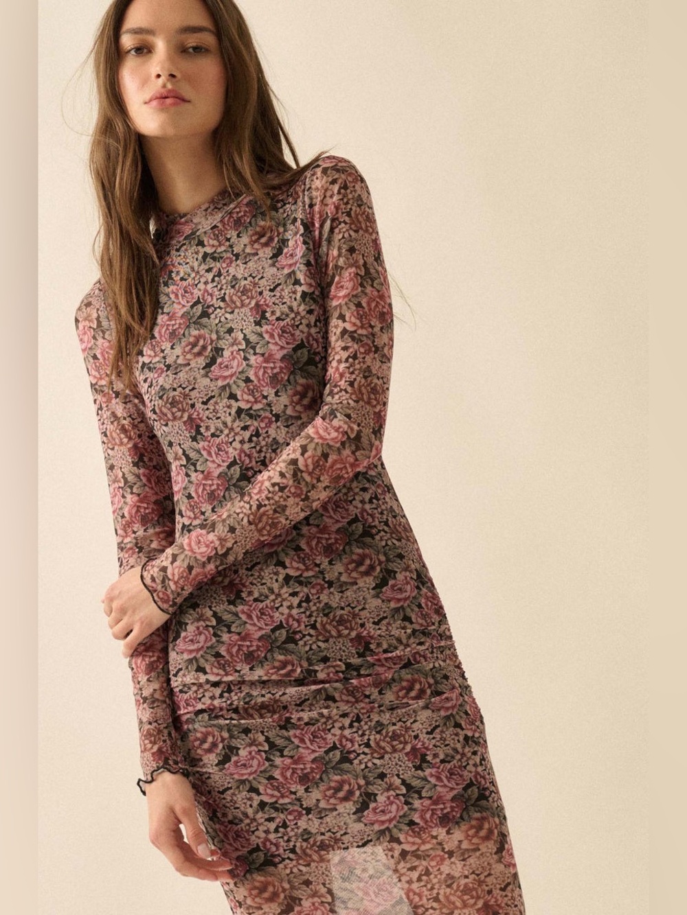 Promesa Long-Sleeve Floral Maxi Dress in Rose and Cream